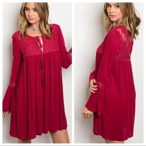 Wine lace babydoll dress bell sleeves rayon